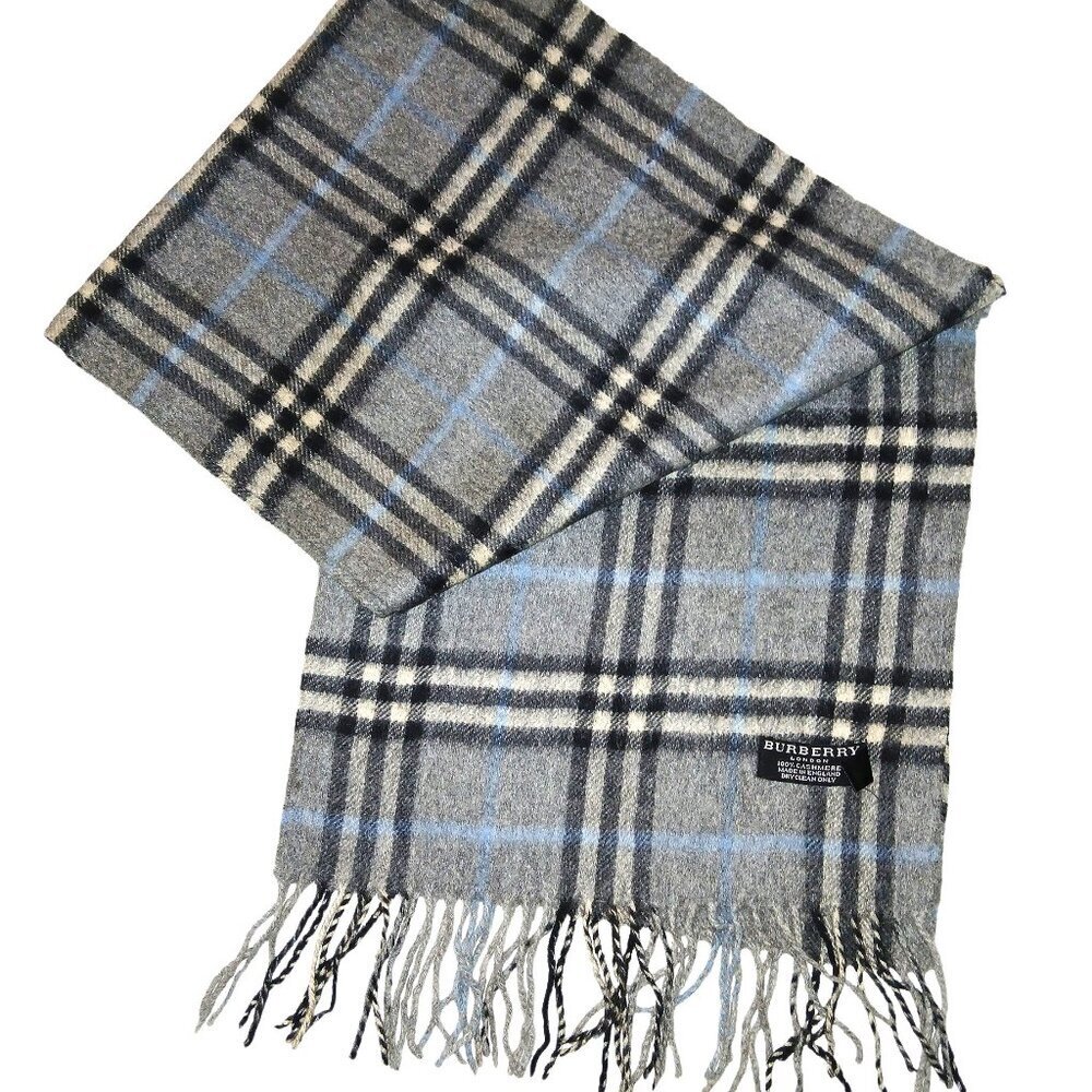 Vintage Burberry Light Gray & Light Blue Black Plaid Fall Winter Luxury Scarf - Picture 2 of 4